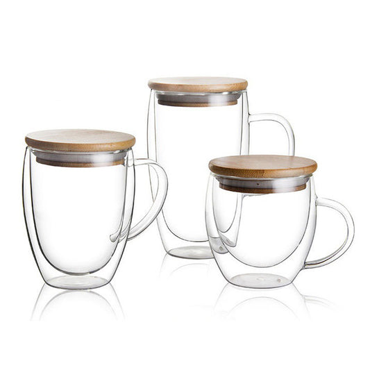 Hand Made Heat Resistant Borosilicate Glass Double Wall Coffee Cups Clear Coffee Mug Set with Handle and Bamboo lid GLA-H001