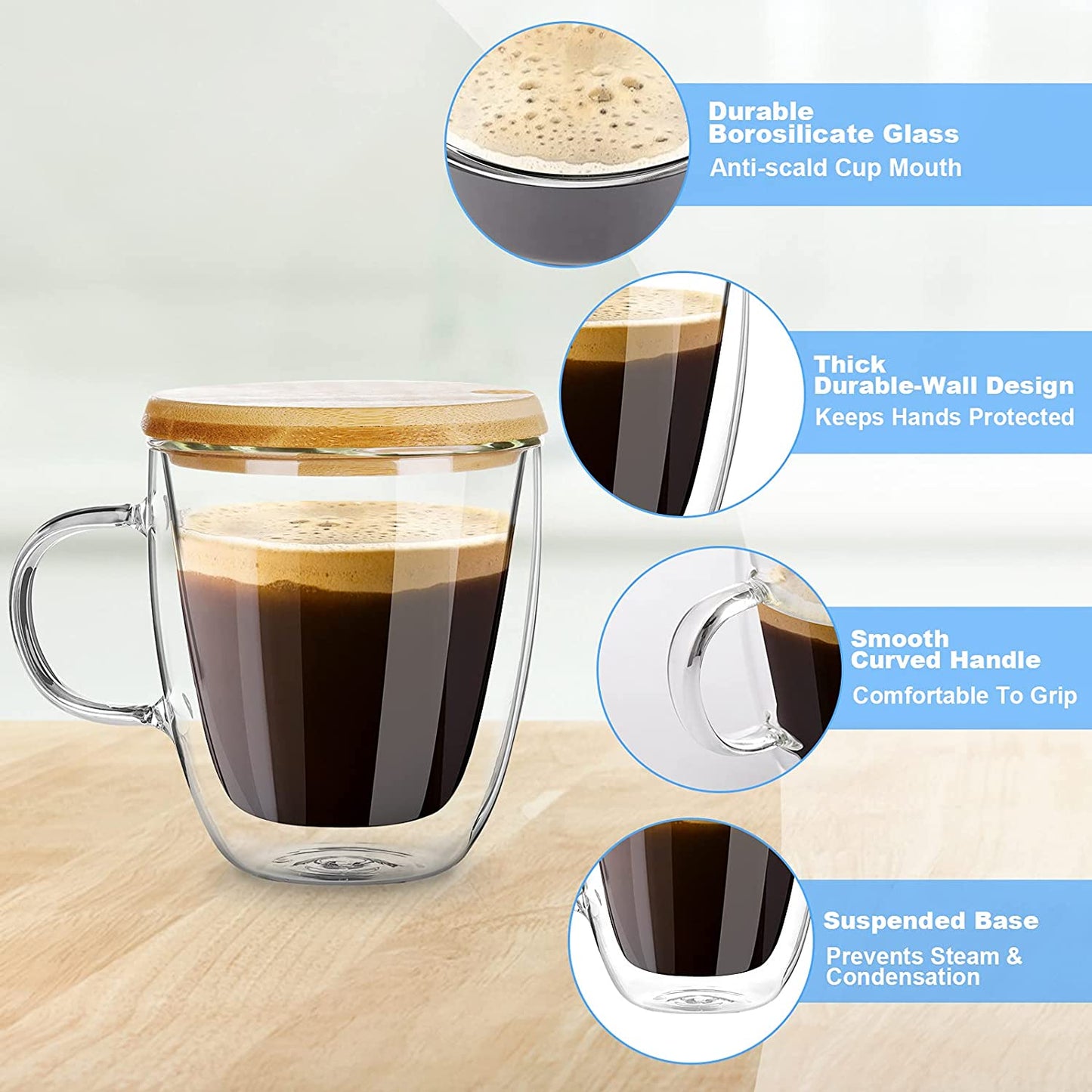Double Walled Insulated Glass Coffee Cups with Lids GLA-H004