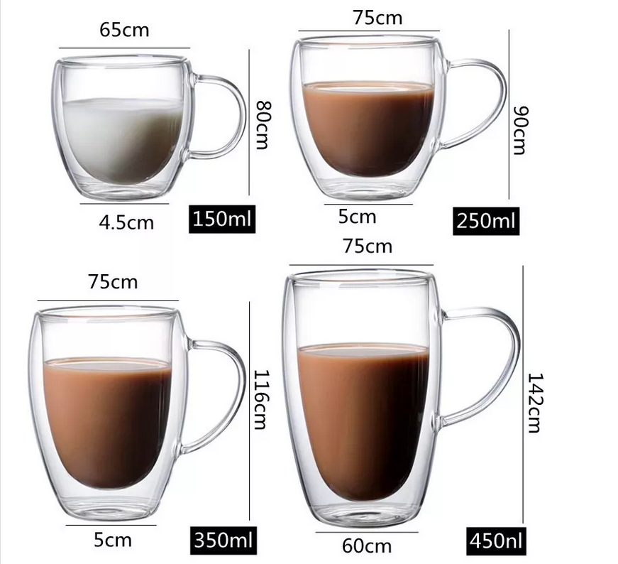 Hand Made Heat Resistant Borosilicate Glass Double Wall Coffee Cups Clear Coffee Mug Set with Handle and Bamboo lid GLA-H001