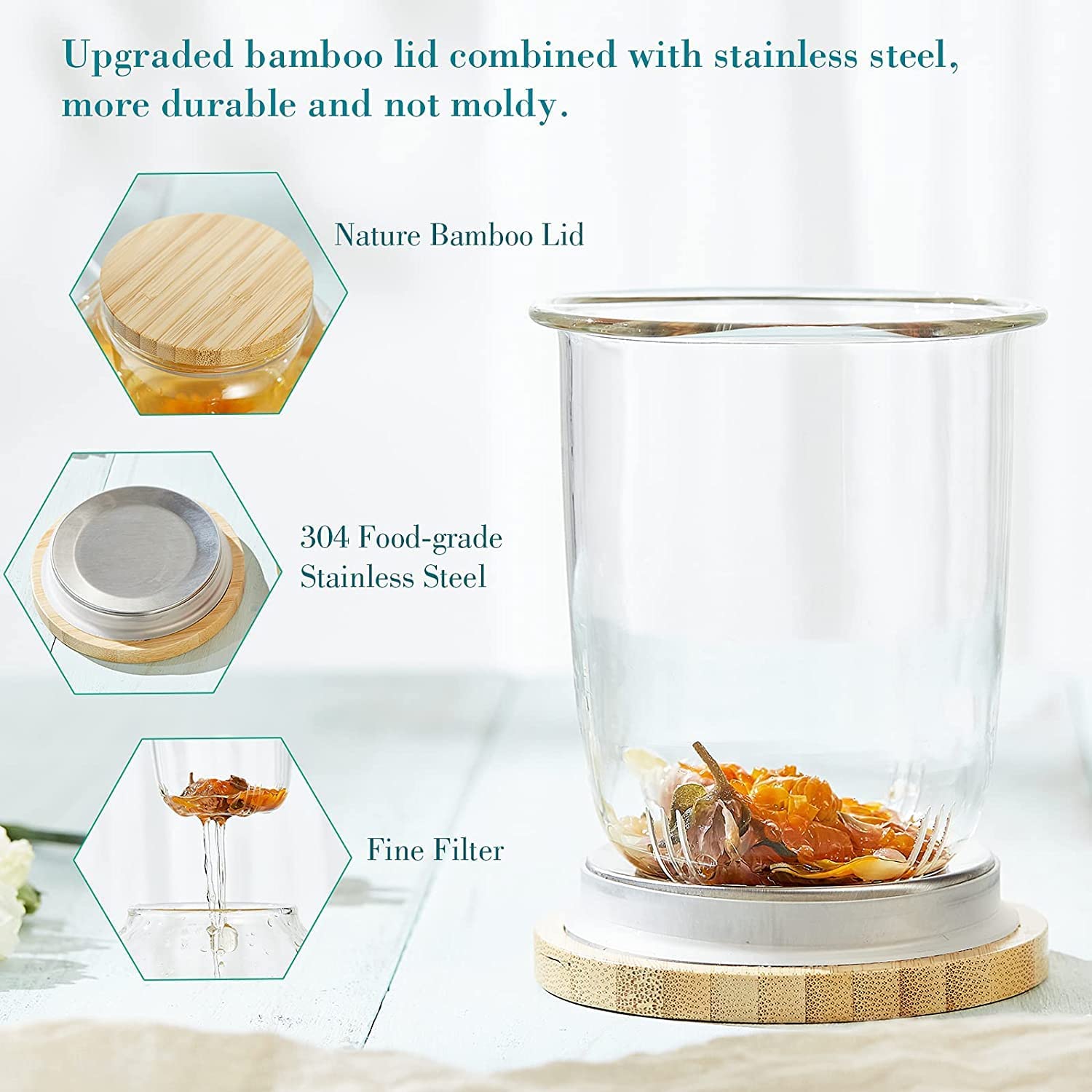 Bonjour Tea Handblown Glass Zen Teapot with Stainless Steel Infuser and Bamboo Trivet, 34-Ounce
