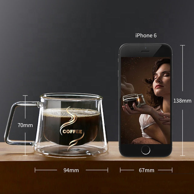 Eco-friendly Insulated Reusable Fancy Cheap Handmade Pyrex Clear Double Wall Borosilicate Glass 200ml Cappuccino Coffee Cups Mug GLA-H007